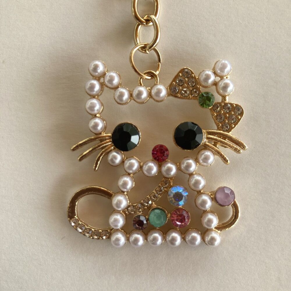 Sparkly Cat Keychain Purse Charm Gold Pearl Rhinestone Kitty Bag Accessory Gift - Picture 2 of 4